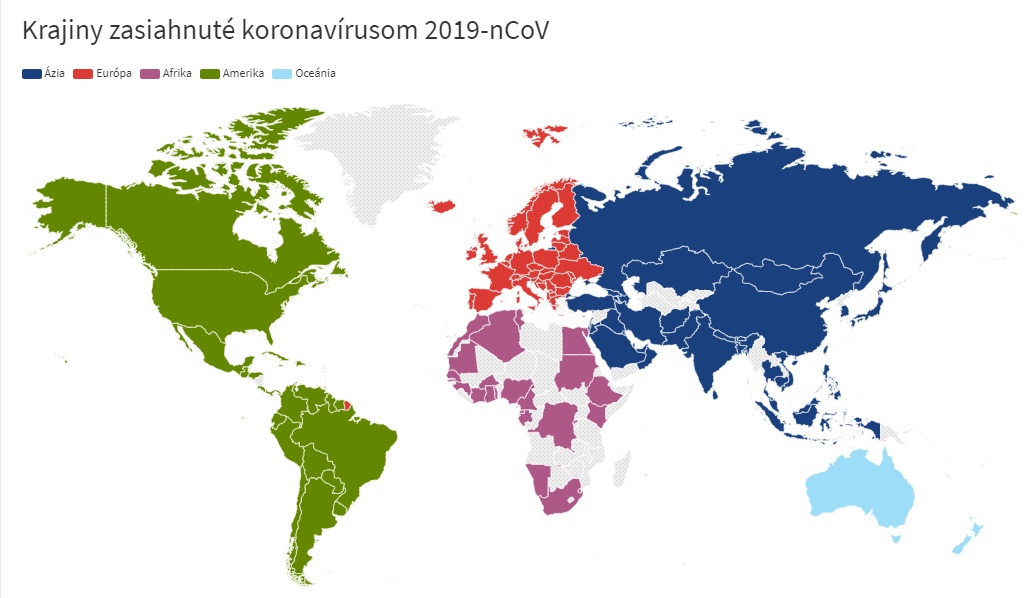 Mapa krajín zasiahnutých koronavírusom